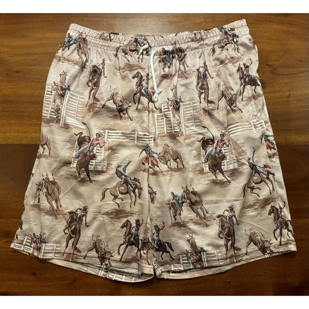 Dear Rodeo Mens Athletic Shorts Western Cowboy Scene Graphic Print Beige Sz XL